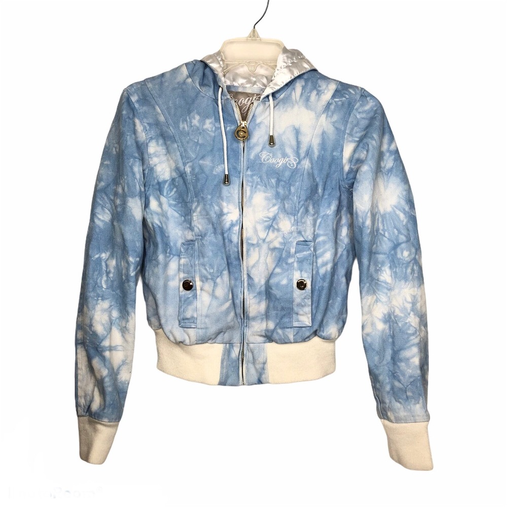 Coogi Women's Tie Dye Jacket Hood Light Blue White Silky Linning Size Small EUC